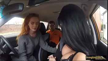 Redhead Redhead babe hard threesome in the car