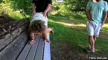 Gangbang Jessica fucked and creampied by strangers in the park